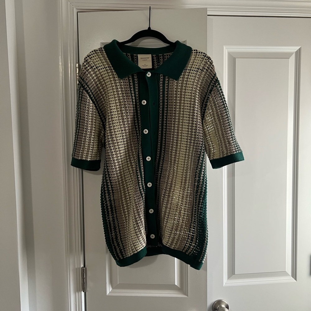 Men's Green and Cream Casual Button Down Shirt